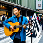 A professional street musician, fully clothed in modest, modern attire, playing a guitar on a bustling pedestrian street in a vibrant Asian city. Next to the musician is a discreet stand displaying a prominent QR code for digital payments and a smartphone on a small tripod, indicating live streaming. The background features diverse, appropriate crowds and modern city architecture, illuminated by soft evening light. The atmosphere is lively and appreciative, showcasing the integration of traditional art with modern technology. Perfect anatomy, correct proportions, natural pose, well-formed hands, proper finger count, natural body proportions. Safe for work, appropriate content, fully clothed, professional, family-friendly.