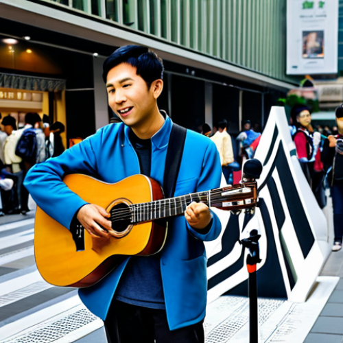 A professional street musician, fully clothed in modest, modern attire, playing a guitar on a bustling pedestrian street in a vibrant Asian city. Next to the musician is a discreet stand displaying a prominent QR code for digital payments and a smartphone on a small tripod, indicating live streaming. The background features diverse, appropriate crowds and modern city architecture, illuminated by soft evening light. The atmosphere is lively and appreciative, showcasing the integration of traditional art with modern technology. Perfect anatomy, correct proportions, natural pose, well-formed hands, proper finger count, natural body proportions. Safe for work, appropriate content, fully clothed, professional, family-friendly.