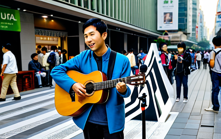 A professional street musician, fully clothed in modest, modern attire, playing a guitar on a bustling pedestrian street in a vibrant Asian city. Next to the musician is a discreet stand displaying a prominent QR code for digital payments and a smartphone on a small tripod, indicating live streaming. The background features diverse, appropriate crowds and modern city architecture, illuminated by soft evening light. The atmosphere is lively and appreciative, showcasing the integration of traditional art with modern technology. Perfect anatomy, correct proportions, natural pose, well-formed hands, proper finger count, natural body proportions. Safe for work, appropriate content, fully clothed, professional, family-friendly.